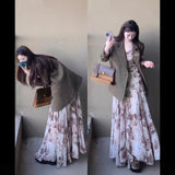 Autumn And Winter Wear A Complete Set Of Maillard Coffee Suit Jacket Women Folded Wearing Broken Flowers Hanging Dress Two Sets