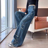 Vintage Scissor Jeans Women 2025 Winter Trend New Loose Side Splicing Hole Grinding Wide Leg Pants