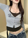 Vintage Design Fake Two Long-Sleeved T-Shirts Girls Early Autumn Hottie Short Hanging Neck Top Bottom Shirt