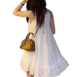 Summer New White Loose Swing Lotus Leaf Side Sling Skirt Holiday Style Small Sleeveless Vest Dress