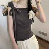 Pure Desire A Word Shoulder ~ Design Feel Shoulder Hanging Neck Short Sleeve T-Shirt For The New Summer Slimming Tset