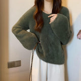 Soft Soft Glutinous Sweater Women's Autumn And Winter White Languid Wind High Sense V-Neck Knitted Shirt Loose Long-Sleeved Top