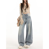 High-Rise Water Wash Blue Scissors Jeans Women Autumn And Winter Retro Embroidery Design Loose Thin Leggings
