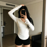 V-Necked Bottom-Up Women 2026 Autumn New Pure Tea Art White Irregular Long-Sleeved T-Shirt Short Shirt