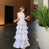 French Holiday Dress Women Pure Desire Sexy Back Hanging Neck Chiffon Print Cake Long Dress Temperament Birthday Dress