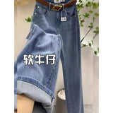 High-Waisted Narrow Version Of Broad-Legged Trousers Autumn New Pear-Shaped Body Large-Size Fat Mm Thin Crotch Straight-Tight Denim Trousers