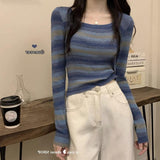 Crash Striped Long-Sleeved Knitted Shirt Women Autumn Design Sense Of Small Slim Slimming Short Chic On The Dress