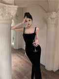 Birthday Dinner Hepburn Style Dress High-End Repair Body Open Fork Diamond Black Velvet Sling Dress Female Long