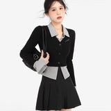 College Style Black Fake Two T-Shirt Women 2026 Spring Slimming Shirt Long-Sleeved Top