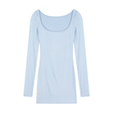Blue Thin Slim Long-Sleeved T-Shirt Girl Spring Sweet Hot Girl Tight U Collar With Bottom Shirt Casual Sunscreen Top
