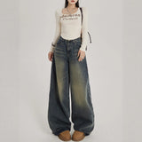 High-Waisted Broad-Legged Jeans Women's Spring And Autumn New Retro Nostalgia Hanging Thin Loose Straight Tug Trousers