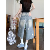 Vintage Personality To Do Old Star Print Denim Shorts Women Summer Thin High-Waisted Loose Broad-Legged Seven-Pointed Trousers