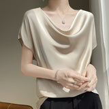 Silk Satin 2026 Spring And Summer New Short Female French Style T-Shirt Simple Short-Sleeved Large-Size Top