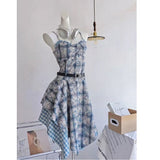 Blue Tie-Tling Sling Dress Women's Summer Design Feeling Waist Thin Splicing Irregular Skirt