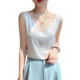 Silk Satin 2026 Spring And Summer New Women's Short Loose V-Necked T-Carb Tamales On The Back Of The Blouse Strap
