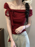 Pure Desire A Word Shoulder ~ Design Feel Shoulder Hanging Neck Short Sleeve T-Shirt For The New Summer Slimming Tset