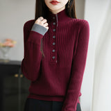 Wool Blending 2026 Autumn And Winter New Lady Loose Semi-High-Collar French Style Hit-And-Fleet Two-Piece Bottom Knitting Shirt