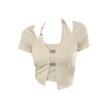 Large-Size Fat Sister Sweet And Spicy Design Pure Desire Short-Sleeved Woman Summer Butterfly Button Short Hottie Fake Two-Piece Top