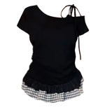 Sweet Spice Girl French Bow Slanted Shoulder Short-Sleeved T-Shirt For Summer Women's New Body-Repair Lace Spliced Short Tops
