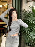Autumn Long-Sleeved T-Shirt Women Thin Bottom Shirt Drawstrings In The Bottom Shirt Slim Slimy Irregular Sweet Spicy Top