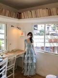 Summer Seaside Holiday Wind Blue Broken Flower With Dress Female Korean Version Sweet Fresh Temperament Waist Cake Skirt