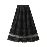 High-End Heavy Industry Lace Cake Skirt Long Skirt Sweet Wind High Waist Wood Ear Net Yarn Skirt 1276