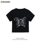 Repair Short T-Shirt For Girls Summer New Butterfly Blouse Can Be Umbilly Exposed Umbilly Heavy Shoulder Short Sleeves