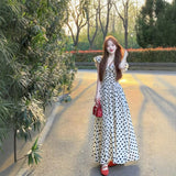 French Wave Dress Women's Summer High-End Feel Seaside Holiday Small Flying Sleeve Temperament Waist A Word Long Skirt
