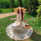 French Seaside Holiday Atmosphere Pure Romantic Lace Sling Vest Women Tied Long Skirt Two Sets