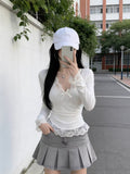 Sweet Hottie Pure Lust Lace Side Long-Sleeved Shirt Girl Early Autumn Wearing A Bottom Shirt Sweet Blouse V Collar Bow
