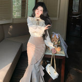 Rich Family Gold Suit Women's New Spring New French Temperament Shirt Fish Tail Half Skirt Two Sets