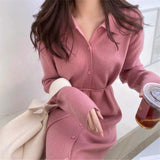 Thirteen Lines Of Early Autumn Dress Long Sleeves Thin Knitted Skirt French Long Sweater Skirt Polo Tie Dress