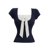 Crash Color Fake Two-Piece Collar Short-Sleeved T-Shirt Girl Summer Sweet Spicy Storm Point Splicing Bows To Reduce The Age Of Thin Tops