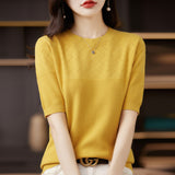 Wool Blending 2026 Autumn And Winter New Women's Round Collar Collar Drawing Solid Color Hollow Top Five-Sleeve Knitted Shirt