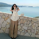 Old Money Style Lazy And Relaxed Holiday Wearing A Female Summer Hanging Neck On The Back Of The High Waist Broad Leg Trousers Two Sets