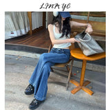 Deep Blue Low-Waisted Micro-Horn Jeans Women Autumn New Small Man Without Legs Elastic Hottie Straight Trumpet Trousers