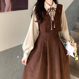 Large-Size Fat Mm Suit Dress Covered Meat High Waist Splicing Fake Two Dresses Women's Autumn Korean College Wind Reduction Long Dress