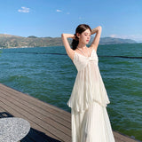 Seaside Vacation Bright Dopamine 100 Fold V-Neck Hanging Neck Sling Dress Super Fairy Skirt Half Body Skirt Two Sets