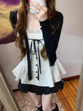 Sweet Sister College Style Black Long-Sleeved Knitted Shirt Coat + Bow Sling Suit + Wave Point Skirt Three-Piece Set