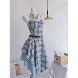 Blue Tie-Tling Sling Dress Women's Summer Design Feeling Waist Thin Splicing Irregular Skirt