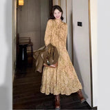 2026 Spring And Autumn New Korean Temperament Shown Slimming Old Dress French Vintage Wood Ears Broken Flower Dress Woman