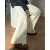 Large-Size Rice White Jeans Women Spring And Autumn Fat Mm Pear-Shaped Body Loose High-Rise Thin Straight Broad Leg Pants