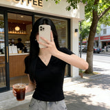 V Collar Kinetic Design T-Shirt Girl Summer Pure Hot Girl Short-Sleeved Bottom Shirt Slim Thin Top Woman
