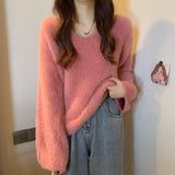 Soft Soft Glutinous Sweater Women's Autumn And Winter White Languid Wind High Sense V-Neck Knitted Shirt Loose Long-Sleeved Top
