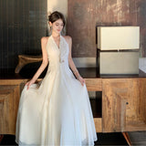 Gentle Wind Romantic Sleeveless V-Neck Hanging Neck Dress Design Twistle Folds To The Waist Dress Seaside Skirt