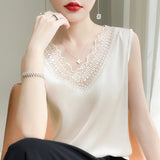 Silk Satin 2026 Spring And Summer Women's New V-Neck Sleeveless Small Vest T-Shirt Mesh Spliced Blouse Loose Sling
