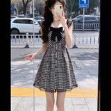 Black And White Lattice Flying Sleeve Academy Style Dress Women Summer Lace Splicing Loose Thin A Skirt Short Skirt