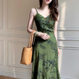 Summer New Chinese Ink Green High-Rise Sleeveless Sleeveless Sleeveless Skirt Woman With Thin Waist And Thin Dress Woman