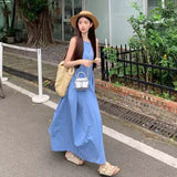 2026 New Design Feeling Waist Thin A-Character Skirt Holiday Style Temperament Blue Vest Small Dress