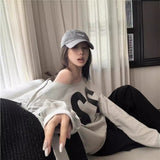Vintage Letter Printing Edgy Lady Early Autumn Languid Casual Loose Oversize Slanted Shoulder Cover Coat